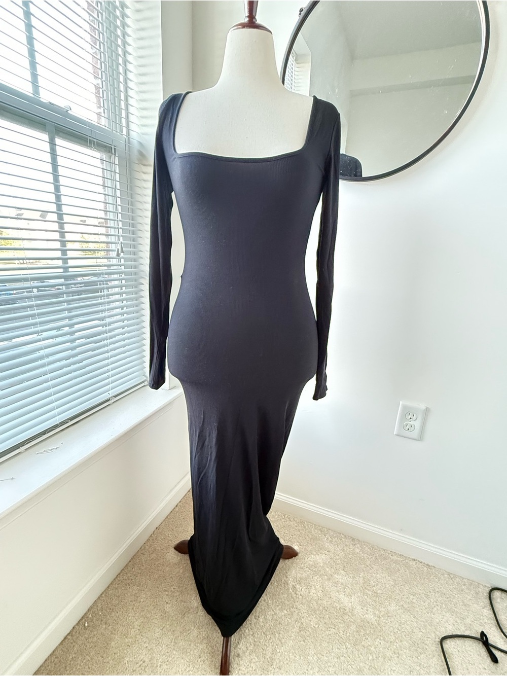SKIMS Black Long Sleeve Square Neck Maxi Dress, Soft Lounge